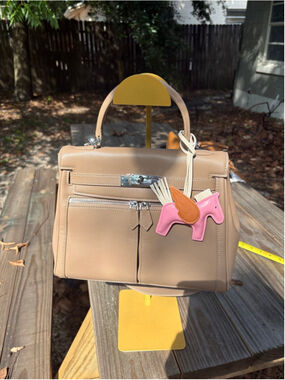 28cm Etoupe Top Handle Double Front Pocket Leather Satchel